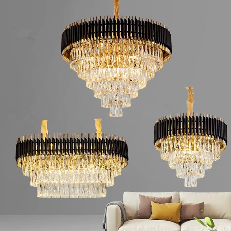 Modern LED Luxury Black Gold Crystal Chandeliers for Living Room Dining Room Lustre Hanging Pendant Lamp Indoor Lighting Fixture