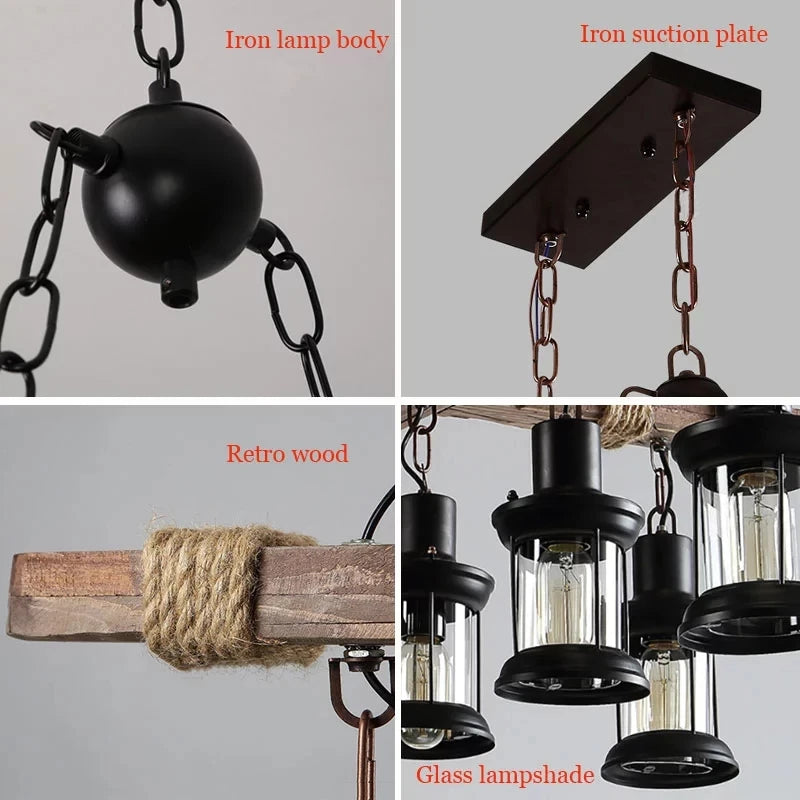 Retro Wood Pendant Lights 8 Head Vintage Industrial Loft Glass Iron LED Chandelier Suspension Lamp Wooden Droplight