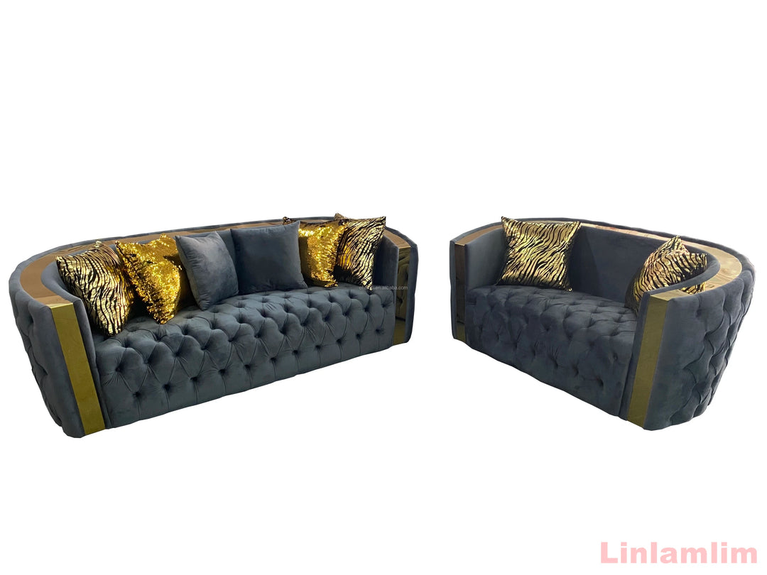 MANBAS Chesterfield Living Room Sofa Sets Italian Genuine Leather Sectional Couch with Leather Buttons, Stainless Steel Trims