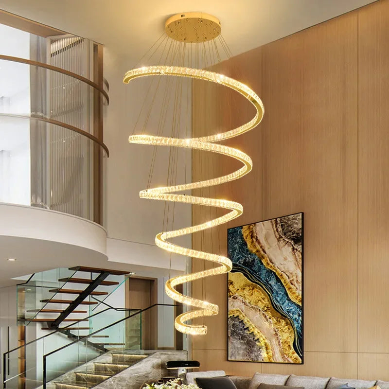 Modern LED Large Crystal Staircase Chandeliers Spiral Stairway Hanging Pendant Lighting Home Living Room Decor Suspension Lustre