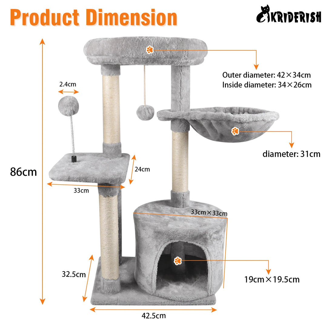 Grey Four Layers Wooden Cat Tree House Multifunction Pet Furniture Kitten Climbing Toy Cat Scratching Posts Cat Tower Soft