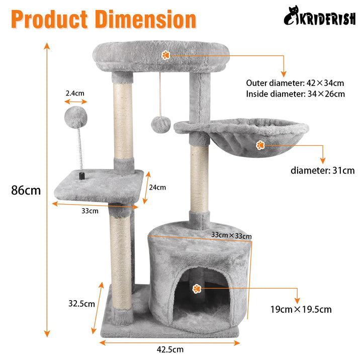 Grey Four Layers Wooden Cat Tree House Multifunction Pet Furniture Kitten Climbing Toy Cat Scratching Posts Cat Tower Soft