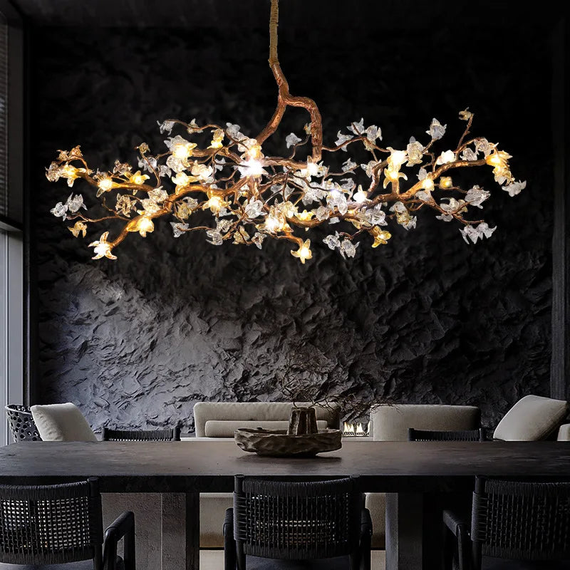 Retro Copper LED Chandeliers Chinese Style Tree Branch Hanging Pendant Lights Living Dining Room Home Decor Island Lighting Lamp
