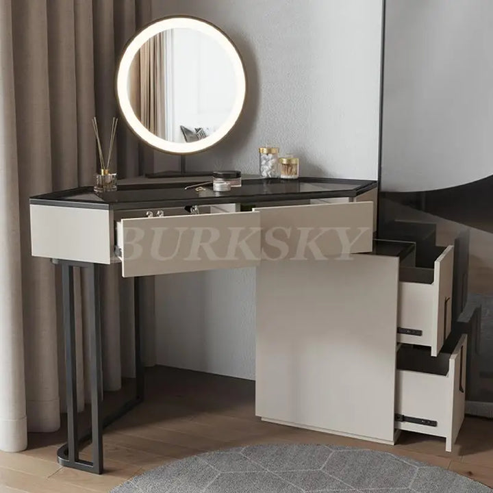 Luxury Modern Triangle Corner Vanity with LED Mirror Large capacity Makeup Dressing Table with 4 Drawers Save Space Furniture