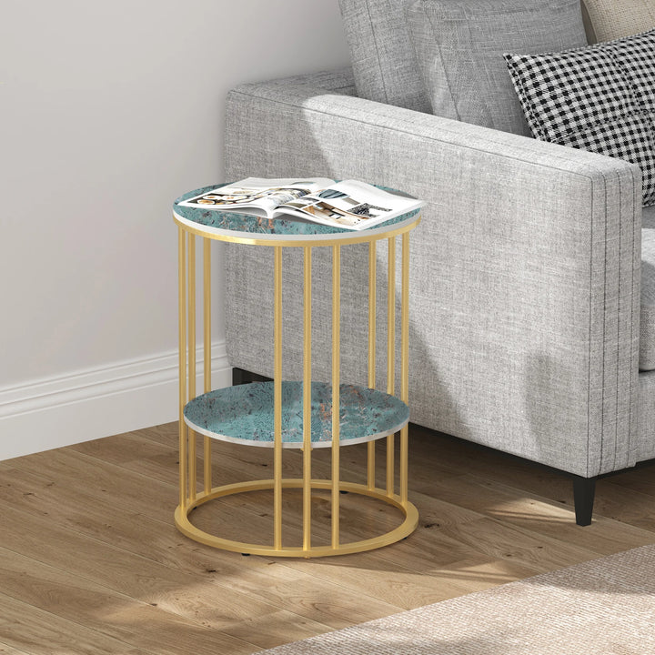 Sintered Stone End Table 2 Tier Coffee Table with Gold Frame Storage Side Table - Bedside Nightstand for Living Room