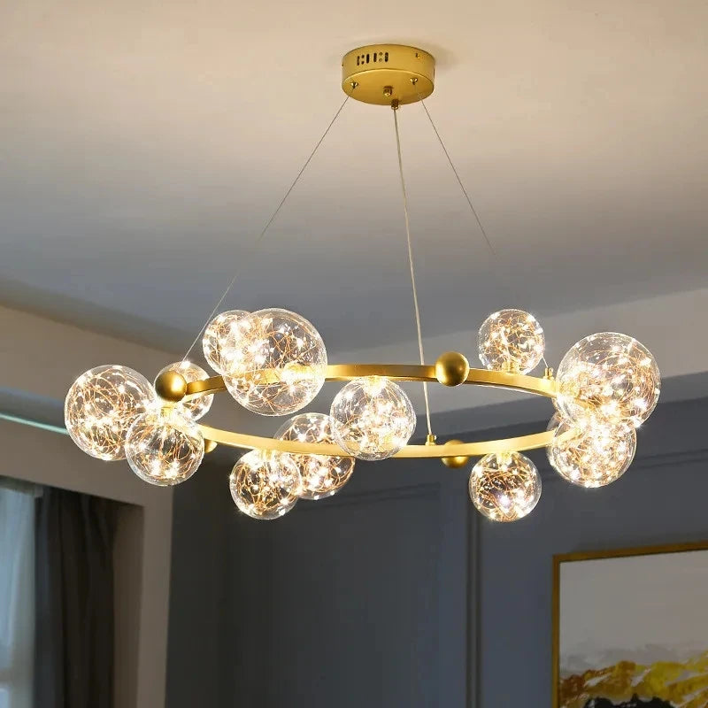 Modern Creative Chandelier Circle Lights Clear Glass Ball Ceiling Hanging Lamp Romantic Star Living Room Decor Led Lighting Gold